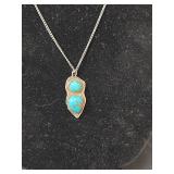 Native American Sterling Silver Turquoise Double Stone Pendant on Silver Toned Necklace