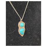 Native American Sterling Silver Turquoise Double Stone Pendant on Silver Toned Necklace