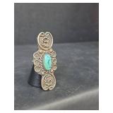 Native American Sterling Silver Turquoise Ring, Size 7, 12.74gm