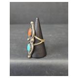 Native American Sterling Silver Coral and Turquoise Ring, Size 7.5,  8.41gm