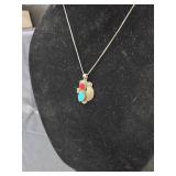 Native American Sterling Silver Turquoise and Coral Pendant Necklace, 7.2gm