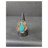 Native American Sterling Silver Turquoise Leaf Ring, Size 6.75,  6.21gm