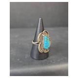 Native American Sterling Silver Turquoise Leaf Ring, Size 6.75,  6.21gm