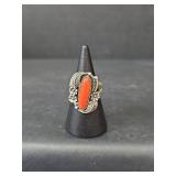 Native American Coral Sterling Silver Ring, Stamped, Size 5.5, 5.15gm