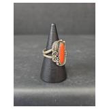 Native American Coral Sterling Silver Ring, Stamped, Size 5.5, 5.15gm