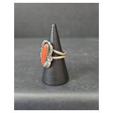 Native American Coral Sterling Silver Ring, Stamped, Size 5.5, 5.15gm