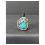 Native American Sterling Silver Turquoise Ring with Leaf Design, Size 10, 21.36gm