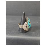 Native American Sterling Silver Turquoise Ring with Leaf Design, Size 10, 21.36gm