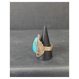 Native American Sterling Silver Turquoise Ring with Leaf Design, Size 10, 21.36gm
