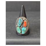 Native American Sterling Silver Turquoise and Coral Ring, Size 10, 25.16gm