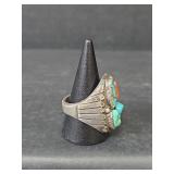 Native American Sterling Silver Turquoise and Coral Ring, Size 10, 25.16gm