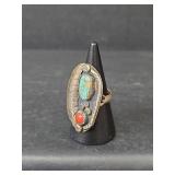 Native American Sterling Silver Turquoise and Coral Ring, Size 7, 7.59gm
