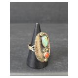 Native American Sterling Silver Turquoise and Coral Ring, Size 7, 7.59gm