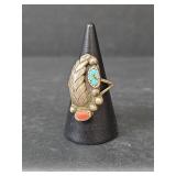 Native American Sterling Silver Turquoise and Coral Ring Size 7, 3.48gm