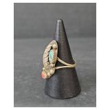 Native American Sterling Silver Turquoise and Coral Ring Size 7, 3.48gm