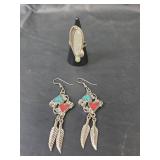Native American Style Jewelry Set - Mother of Pearl Ring Size 5.75 and Heart Feather Earrings