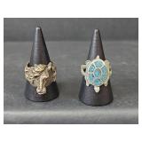 Western Style Horse Head and Turquoise Turtle Ring Set (Non-Magnetic)