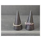 Sterling Silver Ring Set - Diamond Accented and Purple Enamel Stamped S925