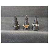 Silver and Clear Stone Band (Non-Magnetic), Gold Toned Ring (Magnetic), and Silver Wide Band (Non-Magnetic)