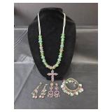 Green and Pink Glass Bead Cross Jewelry Set with Earrings and Bracelet