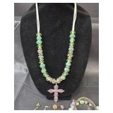 Green and Pink Glass Bead Cross Jewelry Set with Earrings and Bracelet