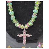 Green and Pink Glass Bead Cross Jewelry Set with Earrings and Bracelet