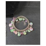 Green and Pink Glass Bead Cross Jewelry Set with Earrings and Bracelet