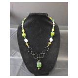 Green and Yellow Dragonfly Statement Necklace with Glass Beads