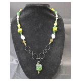 Green and Yellow Dragonfly Statement Necklace with Glass Beads