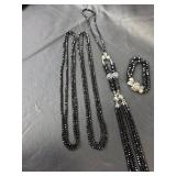 Black Crystal Necklace and Bracelet Set with Silver Accents