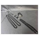 Black Crystal Necklace and Bracelet Set with Silver Accents
