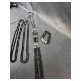 Black Crystal Necklace and Bracelet Set with Silver Accents
