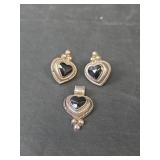 Sterling Silver Black Onyx Heart Pendant and Earrings Jewelry Set