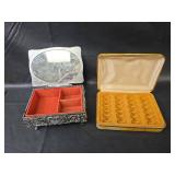 Ornate Silver Jewelry Box with Mirror and Vintage Bobbin Case