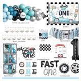 Fast One Birthday Decorations for Boys, 1st Birthday Decorations Boy, Vintage Car Themed Backdrop Balloon Banner Boxes Crown Poster for Retro Blue First Party Supplies - Retail: $30