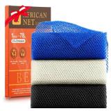 3 Pieces African Bath Sponge African Net Long Net Bath Sponge Exfoliating Shower Body Scrubber Back Scrubber Skin Smoother, Great for Daily Use(Blue, Black, Off-White) - Retail: $8
