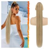 Drawstring Ponytail Extension - 34 Inch Long Straight Blonde Ponytail Hair Extensions Synthetic Fake Pony Tails Hairpieces Clip in Ponytail for Women Girls Daily- Light Ash Blonde Mixed - Retail: $20