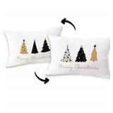 White Christmas Pillow Covers 12x20, Tree Pillow Cases, Winter Decor, White Black Gold Merry Reversible Decorative Throw Pillows Cover - Retail: $7