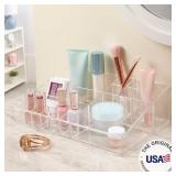 Audrey Clear Vanity Makeup Organizer | 15-Compartment Holder for Brushes, Eyeshadow Palettes, & Beauty Supplies | Stacks on Audrey Storage Drawers | Made in USA - Retail: $19
