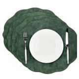 Embroidered Scalloped Faux Leather Placemats Set of 4 - Wipeable Luxury Dinner Table Mats for Dining & Kitchen Decor, Christmas, 17.25 x 15", Green - Retail: $50"