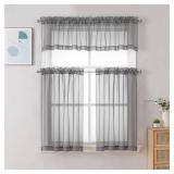 Sheer Curtains Tiers 42W x 24L Inches, Light Filtering Small Curtains, Short Bathroom Living Room Cafe Basement Voile Window Curtain, Rod Pocket, 2PCS, Charcoal Grey - Retail: $8