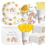 First Trip Around The Sun Birthday Decorations Tableware - Boho Sunshine Sun 1st Birthday Party Supplies, Paper Plate, Cup, Napkin, Tablecloth, Disposable Cutlery | Serves 24 - Retail: $22