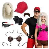 6 Pcs Halloween Hawaiian Couple Costume Daily Love Movie Costume Accessories Include Coconut Bra Mophead Wig Mustache Baseball Cap Gloves Glasses for Adults Cosplay Party