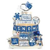 Funnymoom 24 Pcs Winter Tiered Tray Decor Snowflake Table Centerpieces Set Winter Tiered Decor Wooden Blue White Signs Without Tray Frosty Snow Sugar Mini Mug Bowl Beads 3D Sign