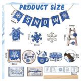 Funnymoom 24 Pcs Winter Tiered Tray Decor Snowflake Table Centerpieces Set Winter Tiered Decor Wooden Blue White Signs Without Tray Frosty Snow Sugar Mini Mug Bowl Beads 3D Sign