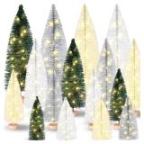 VercanMonth 16 Pcs Artificial Mini Christmas Trees with String Lights 5.9-11.8 Inch Small Bottle Brush Trees with 10 LED Light Sisal Tree Tabletop for Xmas Table Decor(Beige)