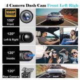 360° Full View Dash Cam Front and Rear Inside, 4 Channel Dashcam 1080P Full HD Dash Camera for Cars with Infrared Lamps Night Vision G-Sensor, Parking Mode, 64GB SD Card Car Accessories