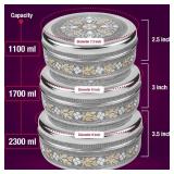 KSJONE Meenakari Designer 3PC Stainless Steel Food Storage Containers with Lids Leakproof, Meal Prep Container Airtight, Kimchi Containers Nestable, Freezer Safe (1100ml, 1700ml & 2300ml)