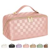 ALEXTINA Travel Makeup Bag, Vegan Leather Large Capacity Cosmetic Bags for Women,Waterproof Portable Pouch Open Flat Toiletry Bag Makeup Bag Organizer with Fixed Divider, Pink