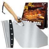 Pizza Peel Aluminum Pizza Spatula, Mooues 12 inch Metal Pizza Paddle(12x 14)with Rocker Cutter Foldable Wood Handle, [Storage bag included], for Family Pizza Oven Baking Pizza, Dough, Bread & Pastry